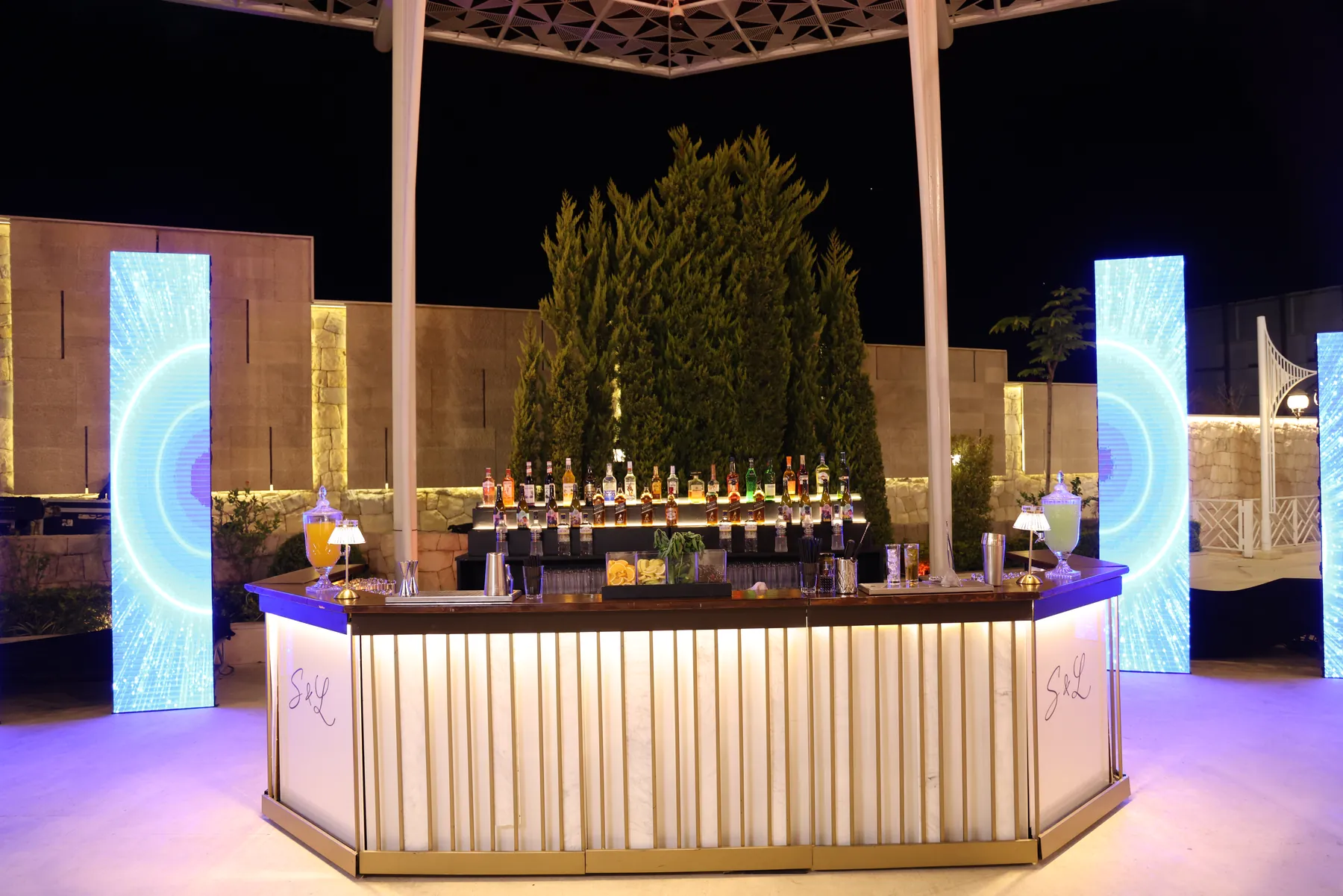Close front view of the illuminated Pannel Bar at night