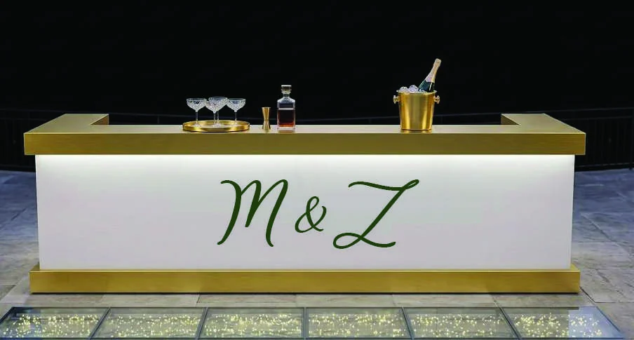A Malabar bar personalised with a couple's monogram on the front panel